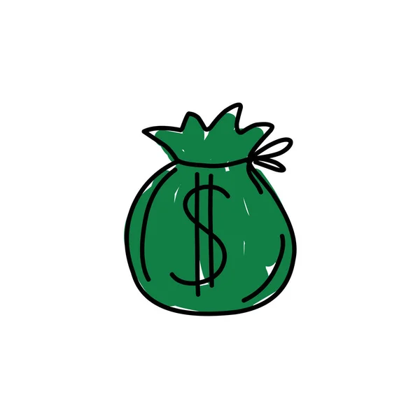Sac avec de l'argent. Un dollar. De la monnaie. Dessin manuel. Pour votre design. Icône . — Image vectorielle