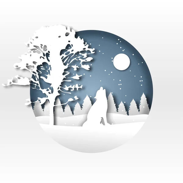 Kağıt Sanat. Origami. Kış ormanda kurt. Yeni yıl. Noel. Siluet. Kartpostal baskı için. Tasarımlarınız için.
