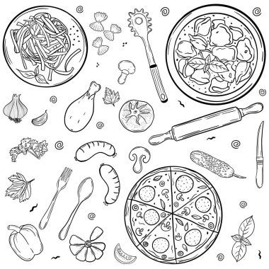 Restaurant food. Pizza, pasta. Set. Hand drawing. For your design.