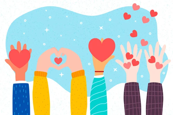 Hand holds a heart symbol. Love. Flat style. Bright modern design. Charity.