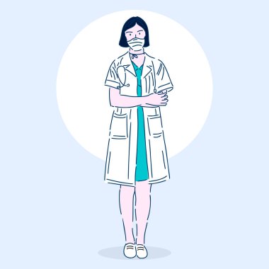 Tıbbi maskeli profesyonel bir doktor. Süper kahraman. Sağlık çalışanı. Modern doğrusal biçimde vektör illüstrasyonu.