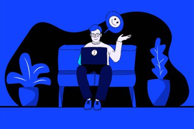 Genç bir adam video görüşmesiyle konuşuyor. Evden çalışıyorum. Modern doğrusal biçimde vektör illüstrasyonu.