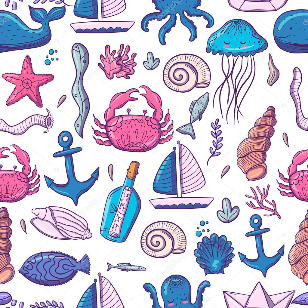 Marine inhabitants. Fish. Stickers. Cute characters in a modern style. For your design.