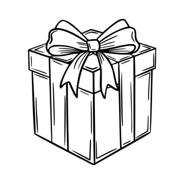 Fiyonklu hediye kutusunun basit bir çizimi. Kutu kare şeklindedir ve yüzeyinde dikey çizgiler vardır..