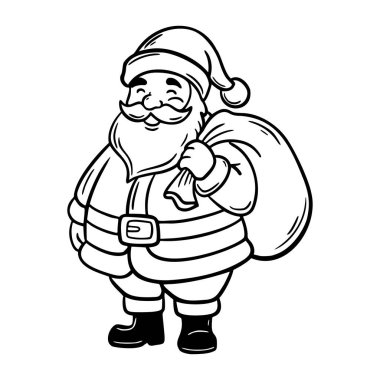 Beyaz sakallı, kırmızı takım elbiseli ve şapkalı, büyük bir çuval tutan neşeli Noel Baba karakteri. Bu sahne bayram ruhunu yansıtıyor..