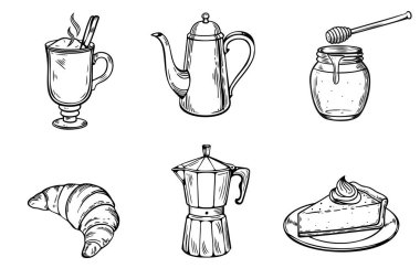 Bir fincan kahve, çaydanlık, bal kavanozu, kruvasan, moka demliği ve bir dilim peynirli kek içeren el yapımı kahvaltı malzemeleri koleksiyonu..