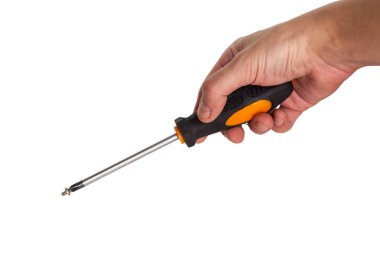 Beyaz arka plan üzerinde bir tornavida ile adam eli