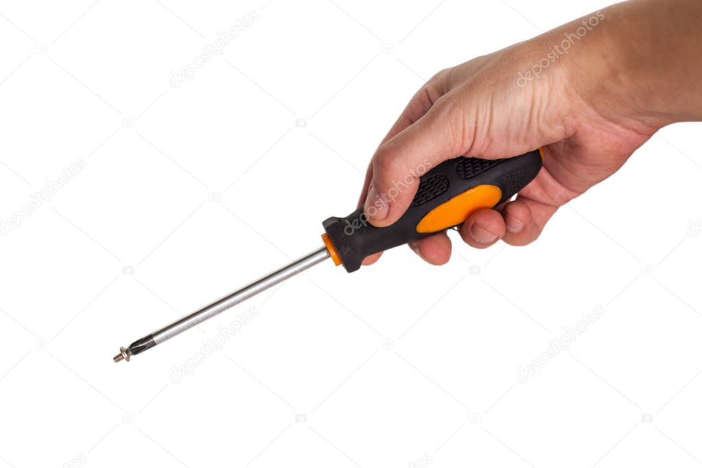 Man's hand with a screwdriver on a white background