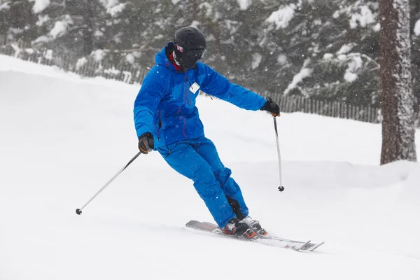 Ski Sur Une Pente Forêt Paysage Montagne Blanc Sport Hiver — Photo