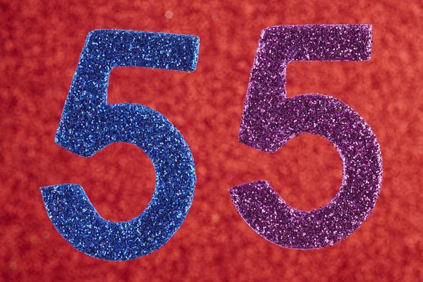Number fifty-five blue purple over a red background. Anniversary. Horizontal
