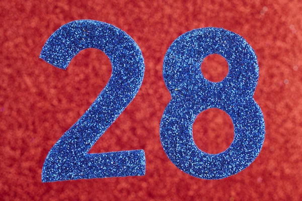 Αριθμός Είκοσι Οκτώ Μπλε Χρώμα Πάνω Κόκκινο Φόντο Επέτειος Οριζόντια — Φωτογραφία Αρχείου