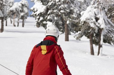 Kayakçı karlı orman yamacında. Beyaz dağ manzarası. Kış spor