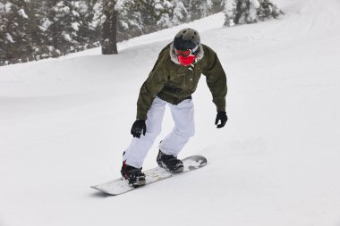 Bir kar orman manzara snowboard. Kış spor. Yatay