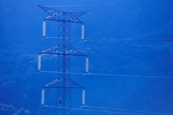 Power Lines Forest Background Dawn Renewable Energy Infrastructure — Stock Photo, Image