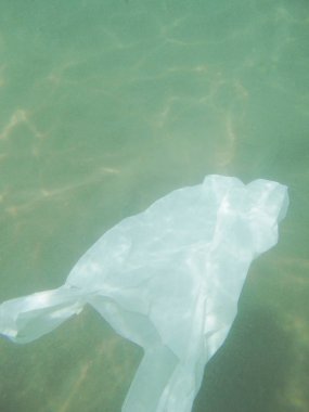 Denize kayan plastik torba. Kirli çevre. Çöp geri dönüşüm                             
