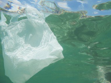 Denize kayan plastik torba. Kirli çevre. Çöp geri dönüşüm                  