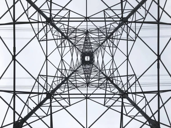 Power Line Tower Sedd Från Ovan Geometriska Struktur Energiöverföring — Stockfoto
