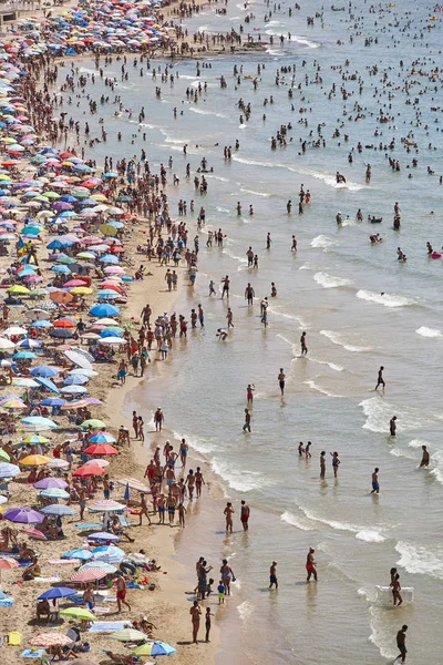 Costa Mediterránea España Playa Calpe Multitud Verano Paisaje Marino Alicante —  Fotos de Stock