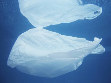 Suya kayan plastik torba. Kirli çevre. Çöp geri dönüşüm                      