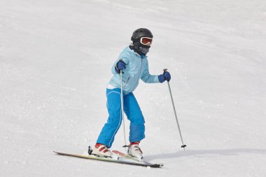Bir güzel kar orman manzara üzerinde kayak. Kış spor. Yatay
