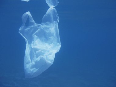 Denize kayan plastik torba. Çevre kirli. Çöp geri dönüşüm                           