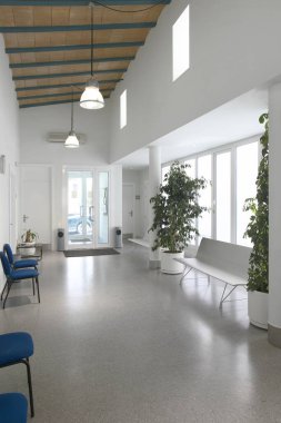 Public building waiting area. Health center indoor. Nobody. Vertical