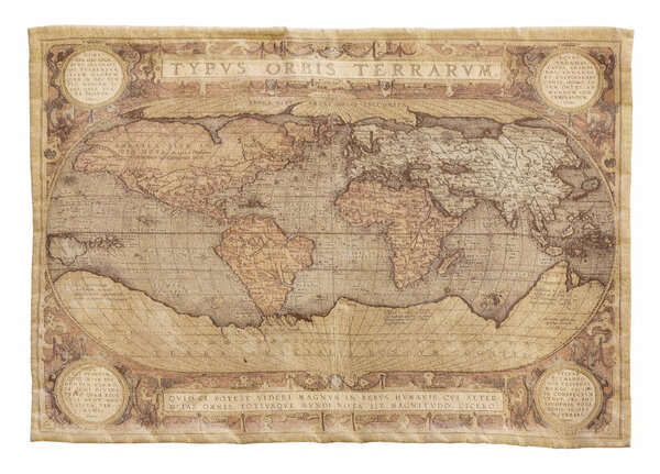 Antique map of the world tapestry isolated on white. Cartography