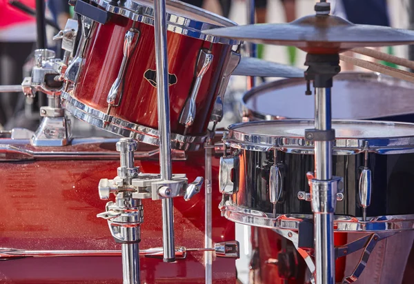 Rock stage with red drums detail. Percussion instruments — Stock Photo, Image
