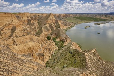 Kırmızı kil erozyon gully ve nehir. Aşınmış manzara. İspanya