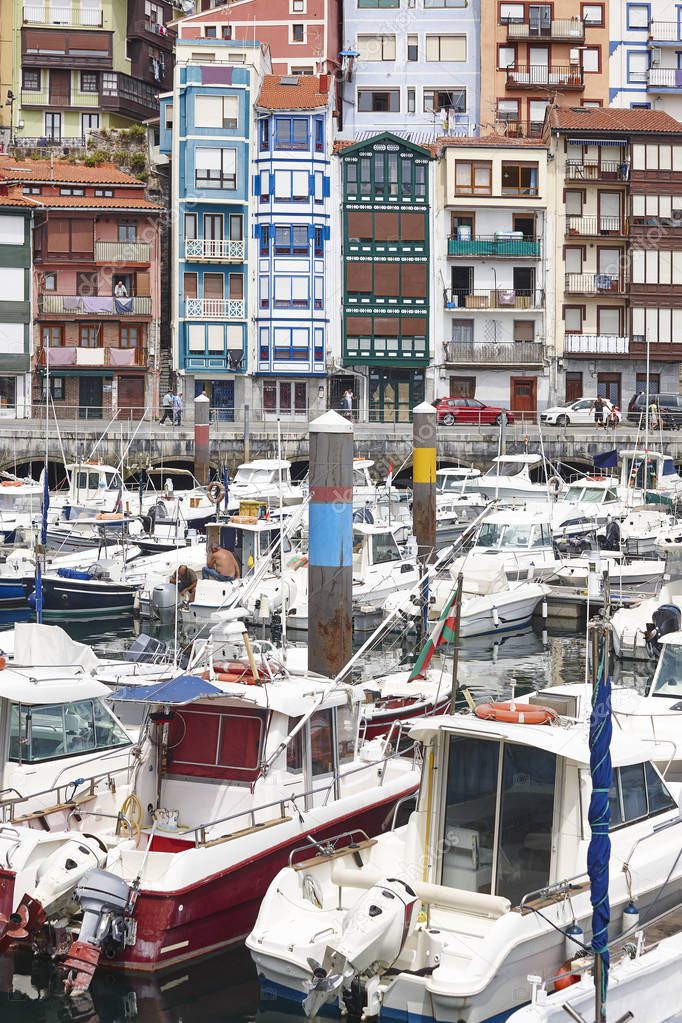 Colorful harbor with boats and buildings Bermeo. Euskadi, Spain