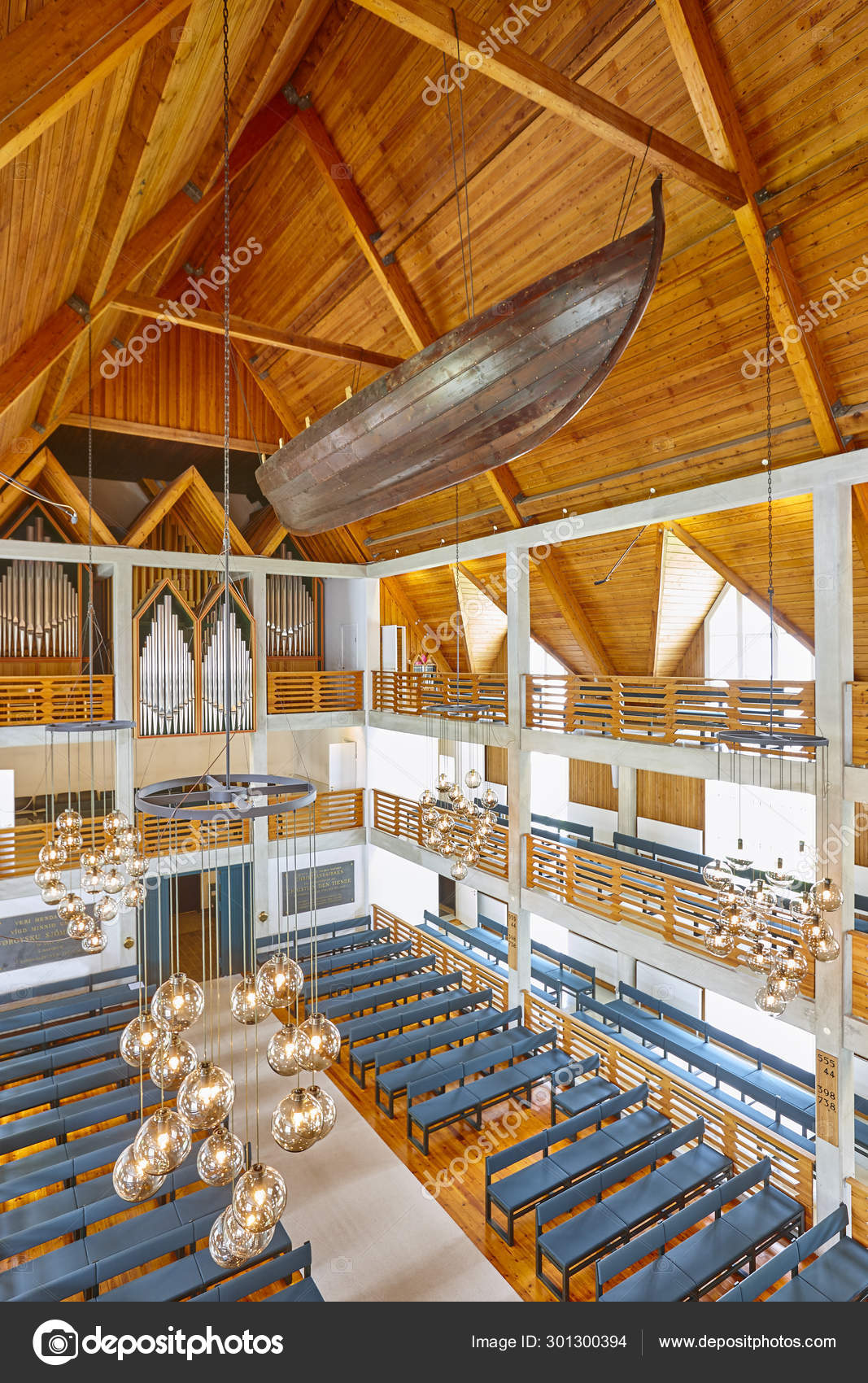 Klaksvik Church Interior With Wooden Roof Fishing Boat