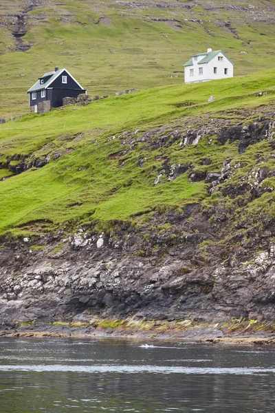 Geleneksel resim ile Kayalık kıyı şeridi faroese yeşil manzara — Stok fotoğraf