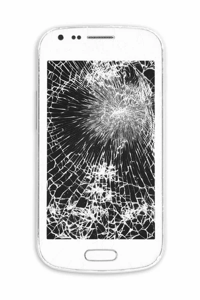 Smartphone con schermo danneggiato isolato su bianco. Attrezzatura di riparazione — Foto Stock