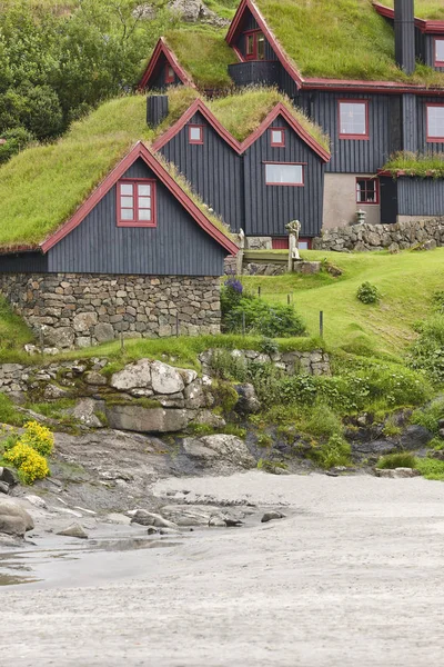 Siyah ve kırmızı pitoresk yeşil çatı ahşap faroese evler — Stok fotoğraf