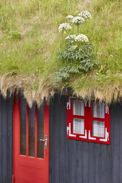 Maison traditionnelle en faïence avec toit en herbe façade en bois noir — Photo