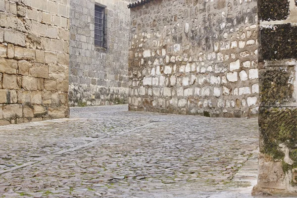 Antigua calle de piedra con antiguas fachadas de piedra. Camino del pavimento —  Fotos de Stock