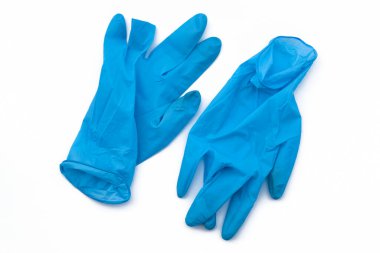 Covid-19 tek kullanımlık kirli eldivenler. Coronavirus lateks plastik çöp. Salgın