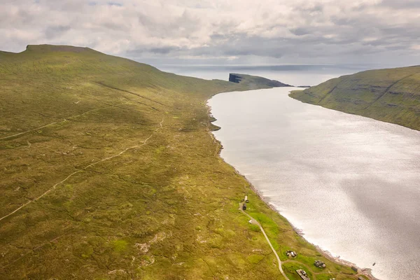 Faroe Islands Dramatic Coastline Vagar Helicopter Leitisvatn Lake — Stock Photo, Image