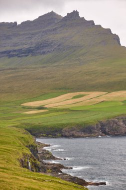 Faroe Adaları sahil şeridindeki kayalıklar. Vidoy adasındaki Vidareidi köyü
