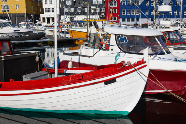 Torshavn harbor in Streymoy Feroe islands. Colorful picturesque houses