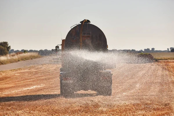 トラックは新鮮な水で小麦畑を灌漑します 効率農業 — ストック写真