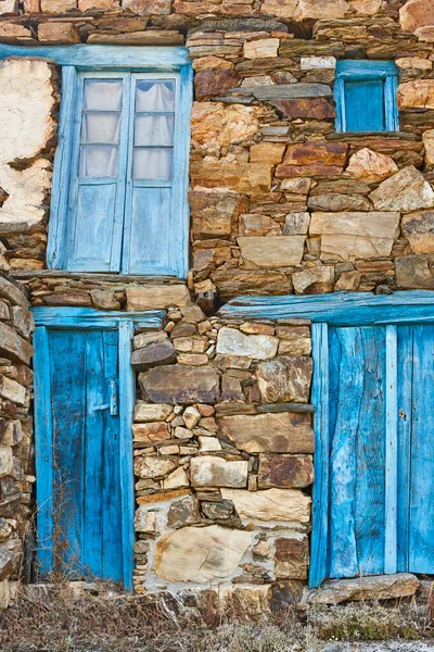 Picturesque Blue Grunge Doors Windows Rustic Stone Wall — Stock Photo, Image