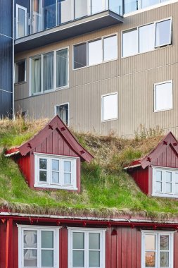 Torshavn city town with modern buildings traditional green roof houses clipart