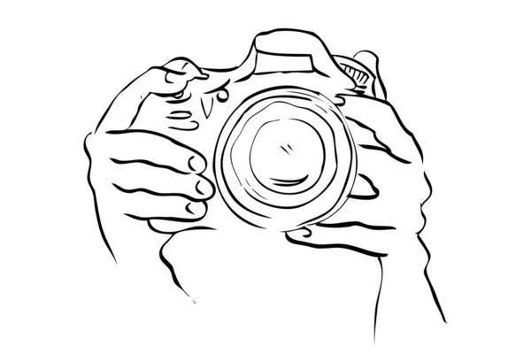 男性または女性の写真家ハンド写真を撮る Dlsrを使用して テレレンズを添付 単純なベクトル手動手描きスケッチ 白に隔離された — ストックベクタ