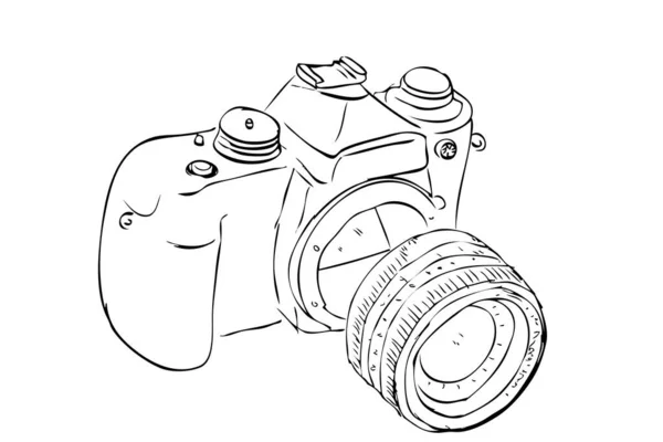 デジタル一眼レフやプロ仕様のデジタルカメラ ベクトルアウトラインマニュアルドロースケッチ — ストックベクタ