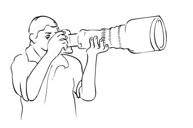 Adam Fotoğrafçı, Dlsr, tele lens, basit vektör elle çizim, beyaz üzerine izole edilmiş bir resim kullan