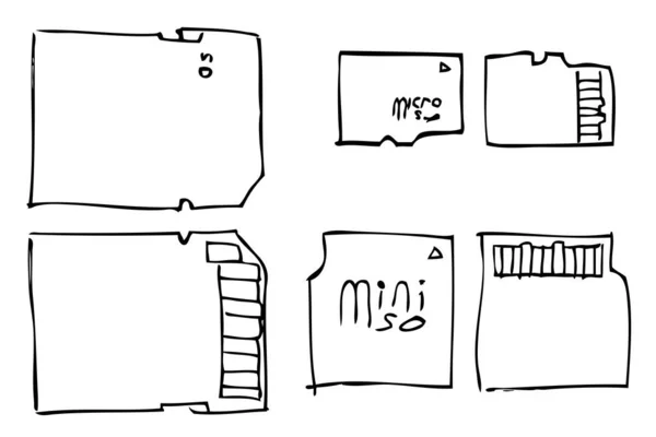ベクトルアウトライン手描きメモリカード バックとメモリカードからのビュー 白に分離 — ストックベクタ