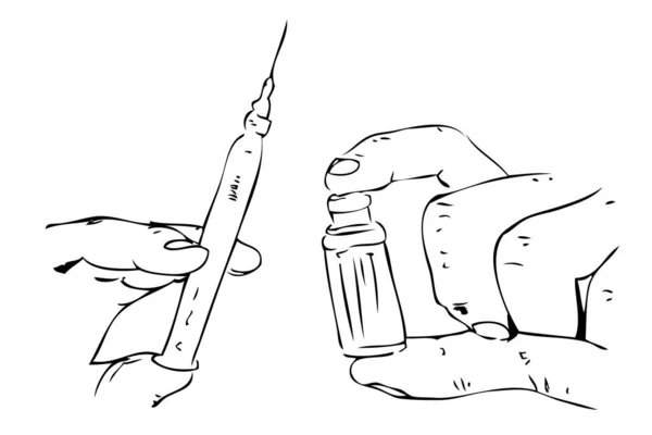 Esboço Manual Desenho Esboço Mão Segurando Sryinge Tubo Vacina Ilustração De Stock