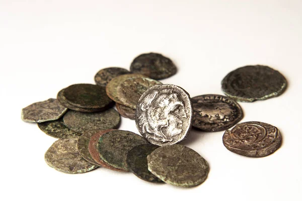Группа Древних Греческих Монет Белом Фоне — стоковое фото