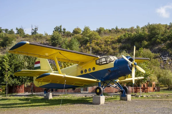 Blau Gelbes Flugzeug Mit Ungarischer Flagge Und Landschaft Hintergrund — Stockfoto